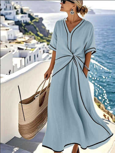 Summer Striped Print Dress Casual Beach Vacation Short-sleeved Maxi Dress Womens Clothing Gronata