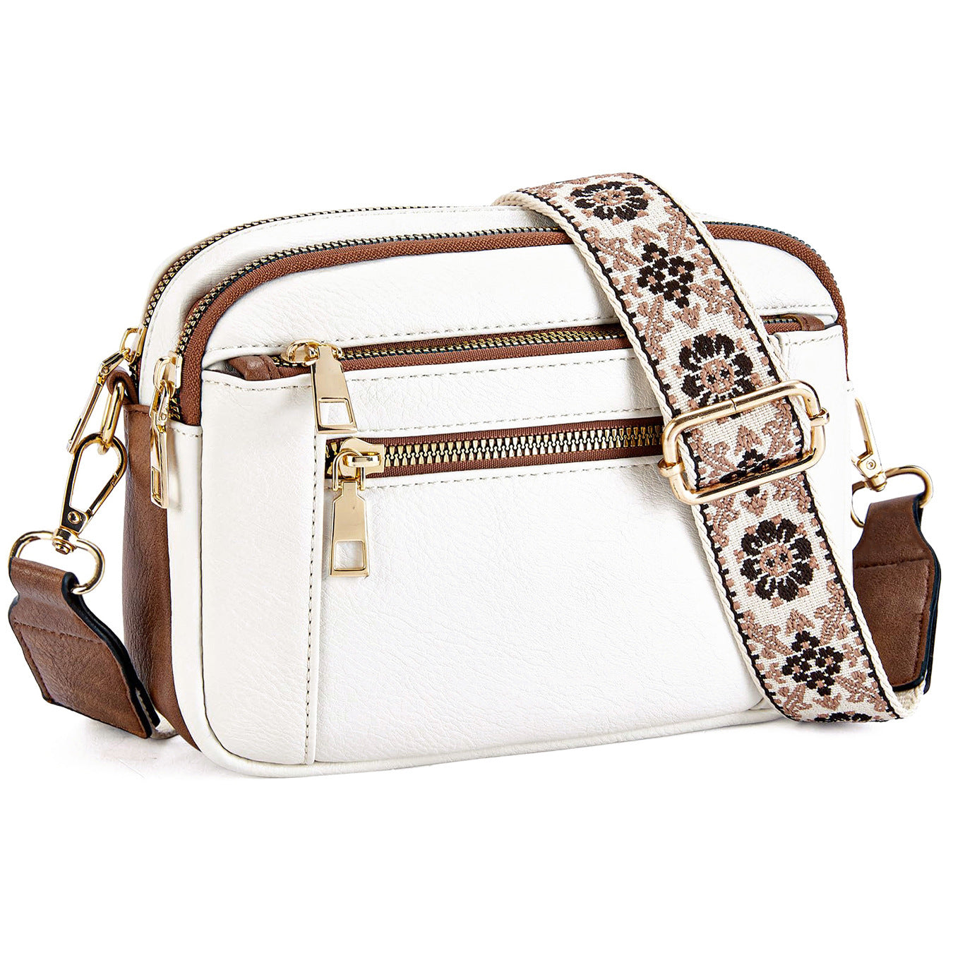 Triple-zipper Shoulder Bag With Floral Embroidered Straps Fashion Colorblock Multi-functional Crossbody Bags For Women Gronata