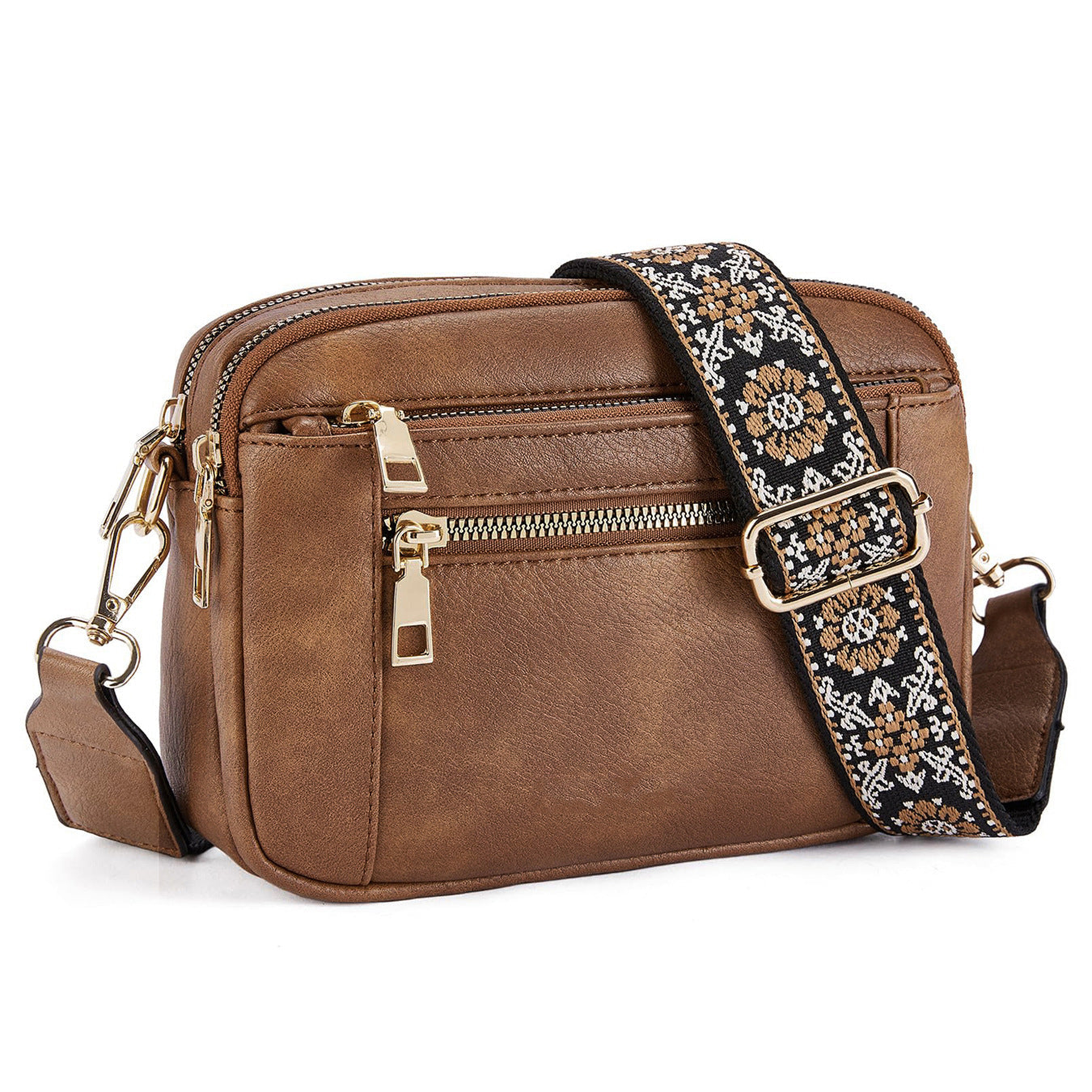 Triple-zipper Shoulder Bag With Floral Embroidered Straps Fashion Colorblock Multi-functional Crossbody Bags For Women Gronata