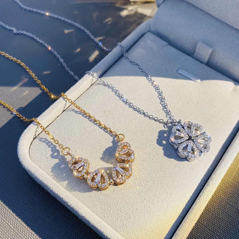 Retro Magnetic Folding Heart Shaped Four Leaf Clover Pendant Necklace Women Love Clavicle Chain Gifts Openable Choker Jewelry Gronata