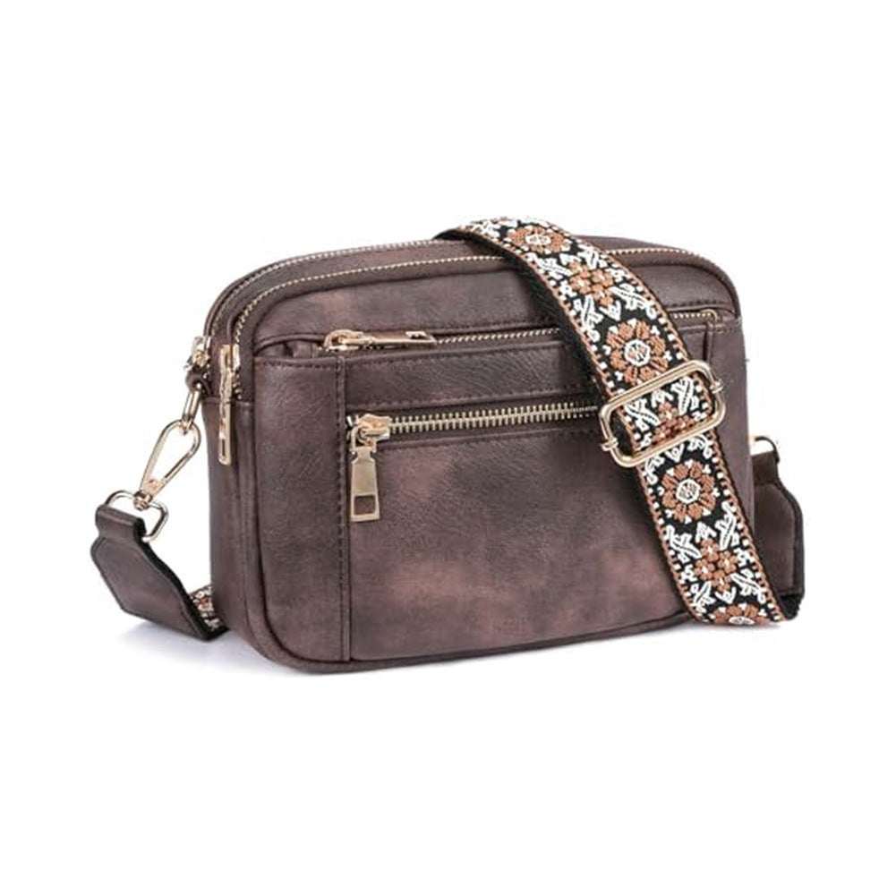 Triple-zipper Shoulder Bag With Floral Embroidered Straps Fashion Colorblock Multi-functional Crossbody Bags For Women Gronata