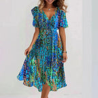 Chiffon Printed Short Sleeve Dress Summer Elegant V-neck Dresses Womens Clothing Gronata