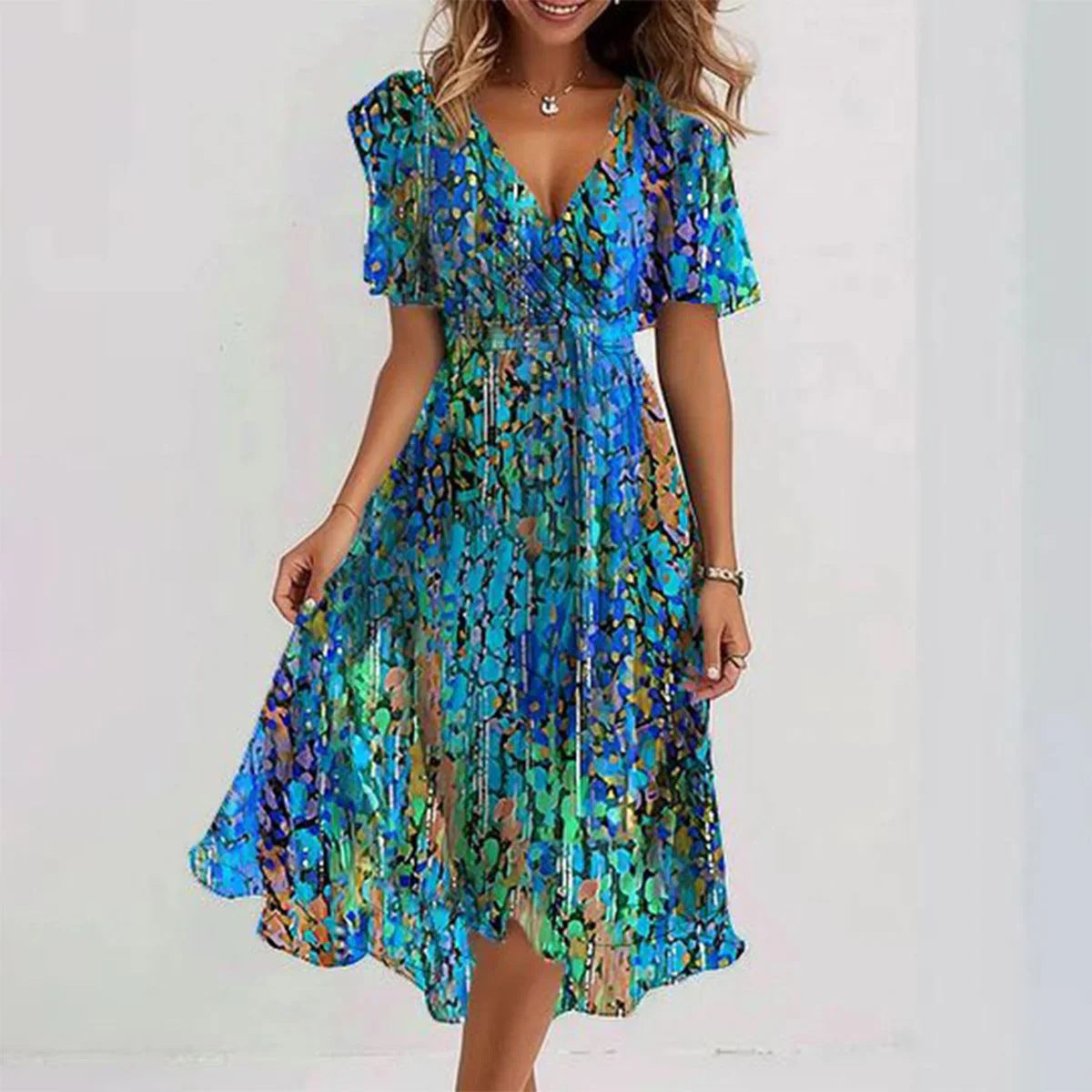 Chiffon Printed Short Sleeve Dress Summer Elegant V-neck Dresses Womens Clothing Gronata