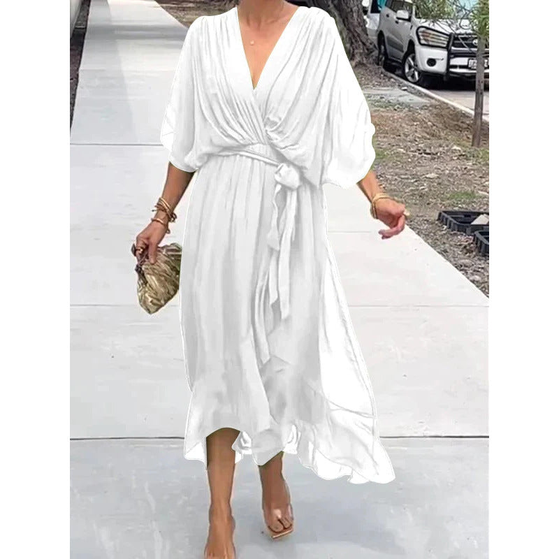 Batwing Sleeve V-neck Dress Summer Pure Color Tied Irregular Long Dresses Womens Clothing Gronata