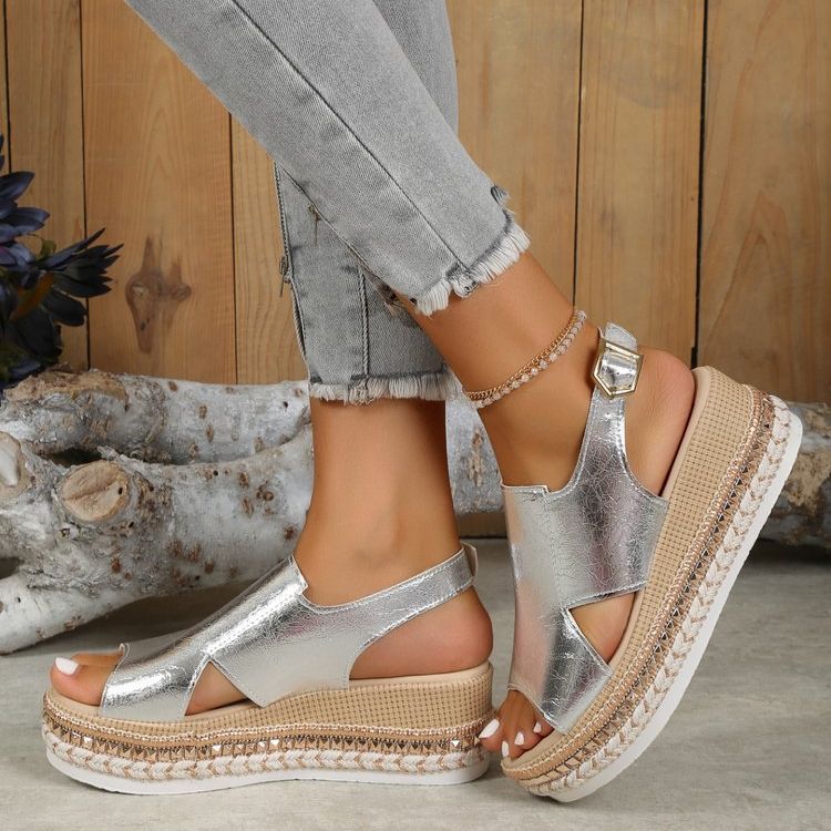 Summer Shiny Sandals Hollow Design Fish Mouth Sandal For Women Fashion Buckle Wedges Shoes Gronata