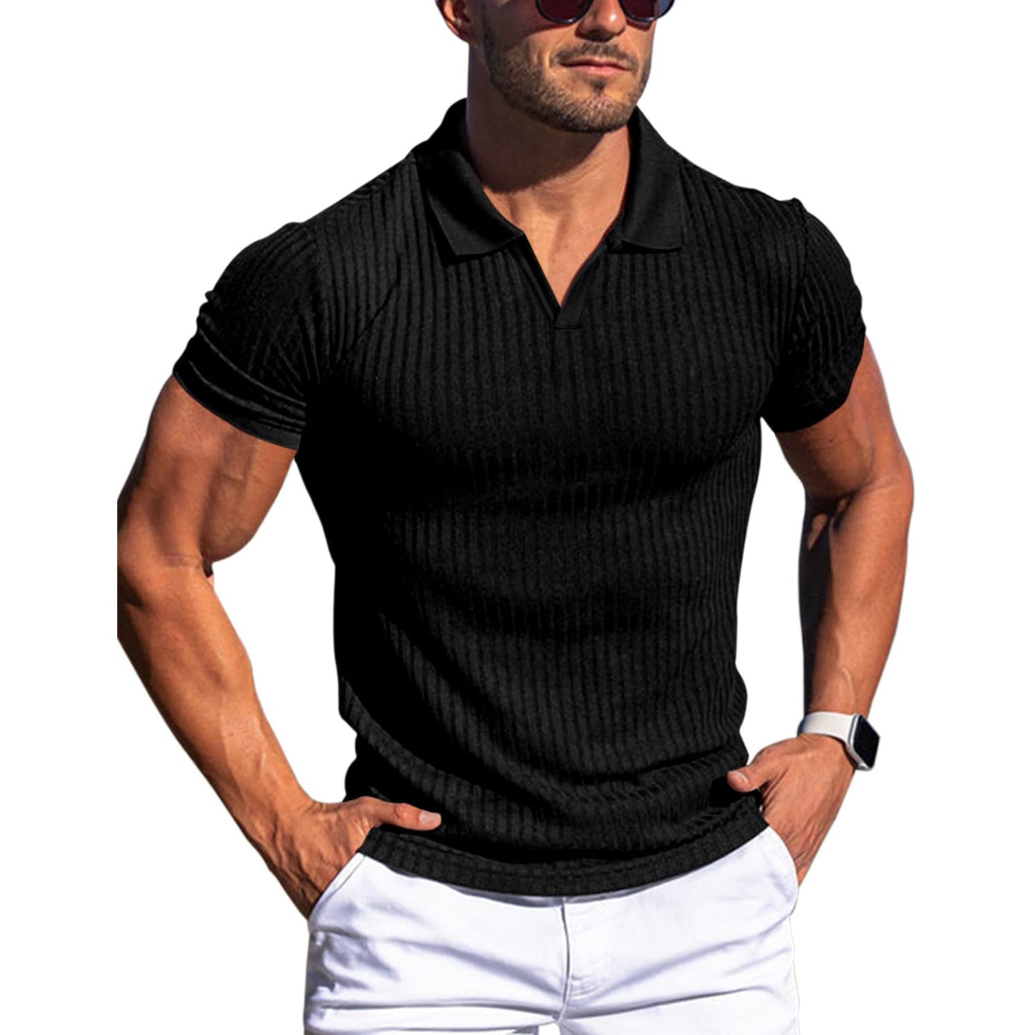 Polo Shirt Lapel V-neck Vertical Striped Short Sleeve Men's T-shirt Gronata