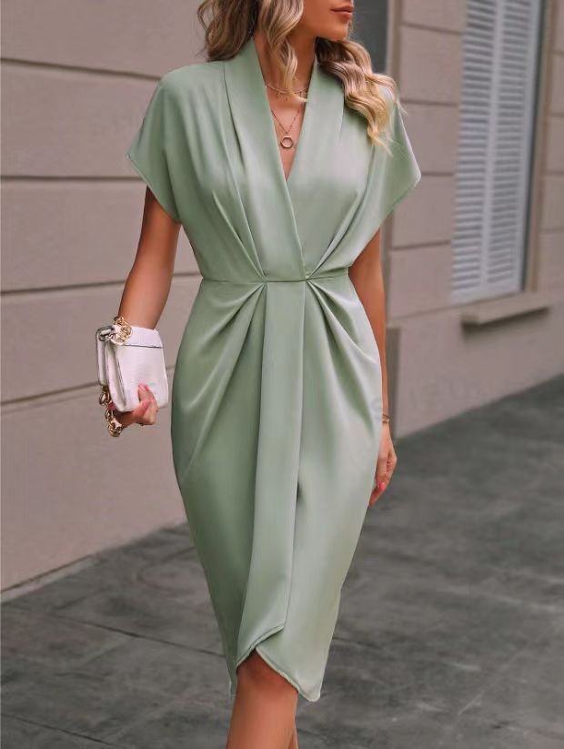 Summer Batwing Sleeve Dress Fashion V-neck Short Sleeve Pleated Dresses Womens Clothing Gronata