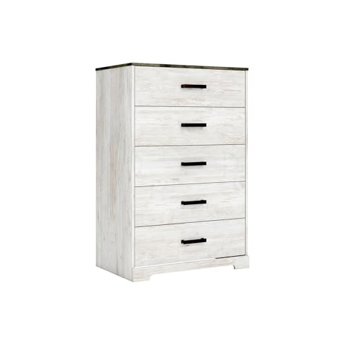 Signature Design by Ashley Shawburn Rustic 5 Drawer Chest of Smooth-Gliding Drawers and Safety Stop, White & Gray Gronata