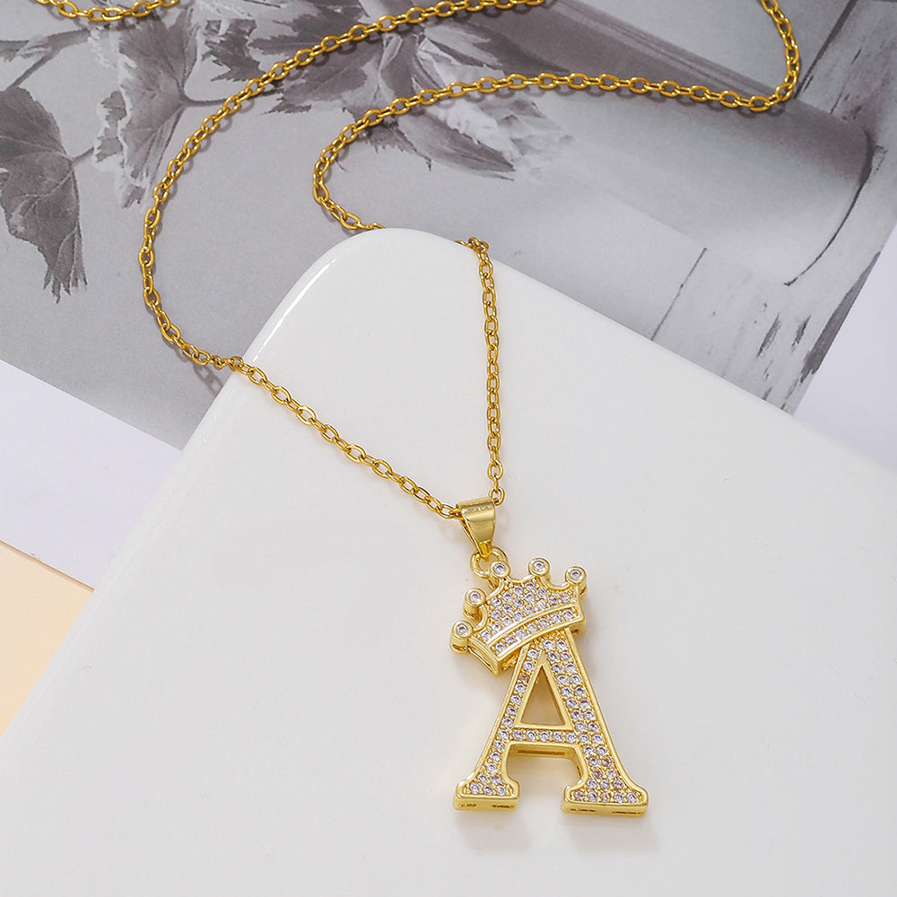 1PCS Fashionable Gold Diamond Crown Uppercase Letter Popular Pendant Necklace Suitable For Daily Use Festivals Parties Gifts Jewelry Set Gronata