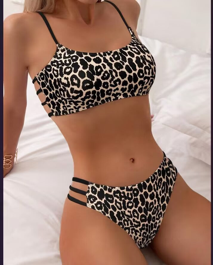 Leopard Print Contrast Color Push Up Tight Split Swimsuit Gronata