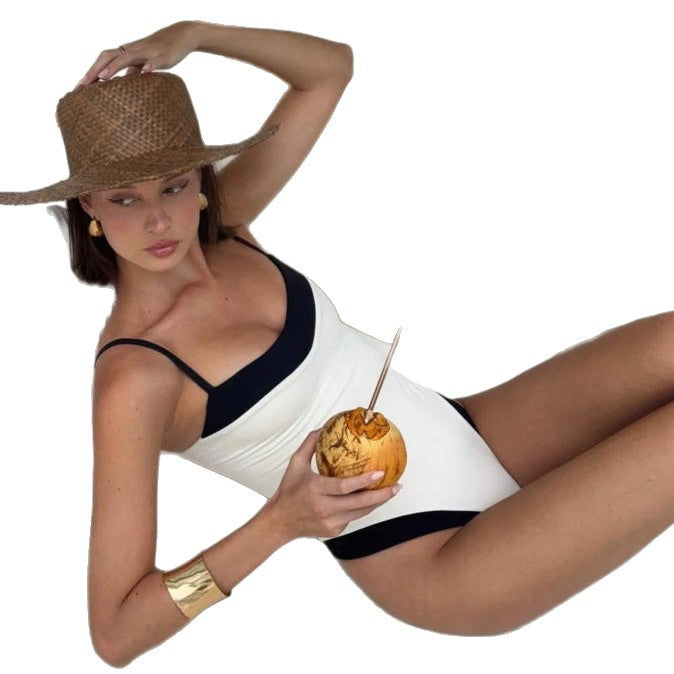 New Black-and-white Color-block Chanel-style One-piece Swimsuit Gronata