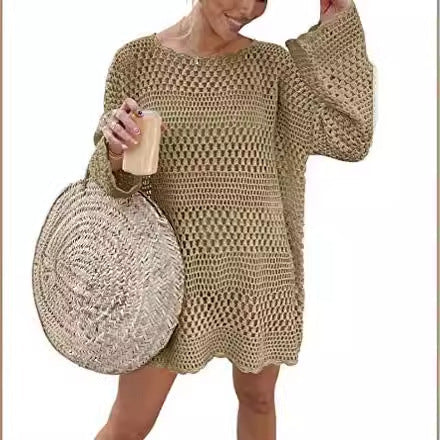 Woven Round Neck Hollow Beach Cover-up Loose Casual Sweater Gronata