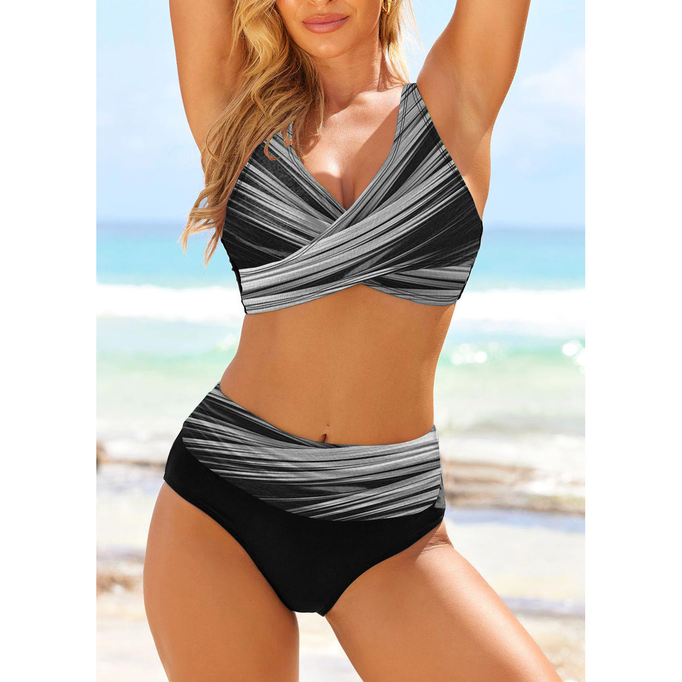 Striped Tie Dye Cutout Sexy High Waist Bikini Swimsuit Gronata