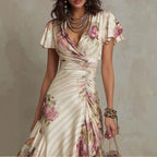 Printed V-neck Defined Waistline Ruffled Hem Dress Gronata