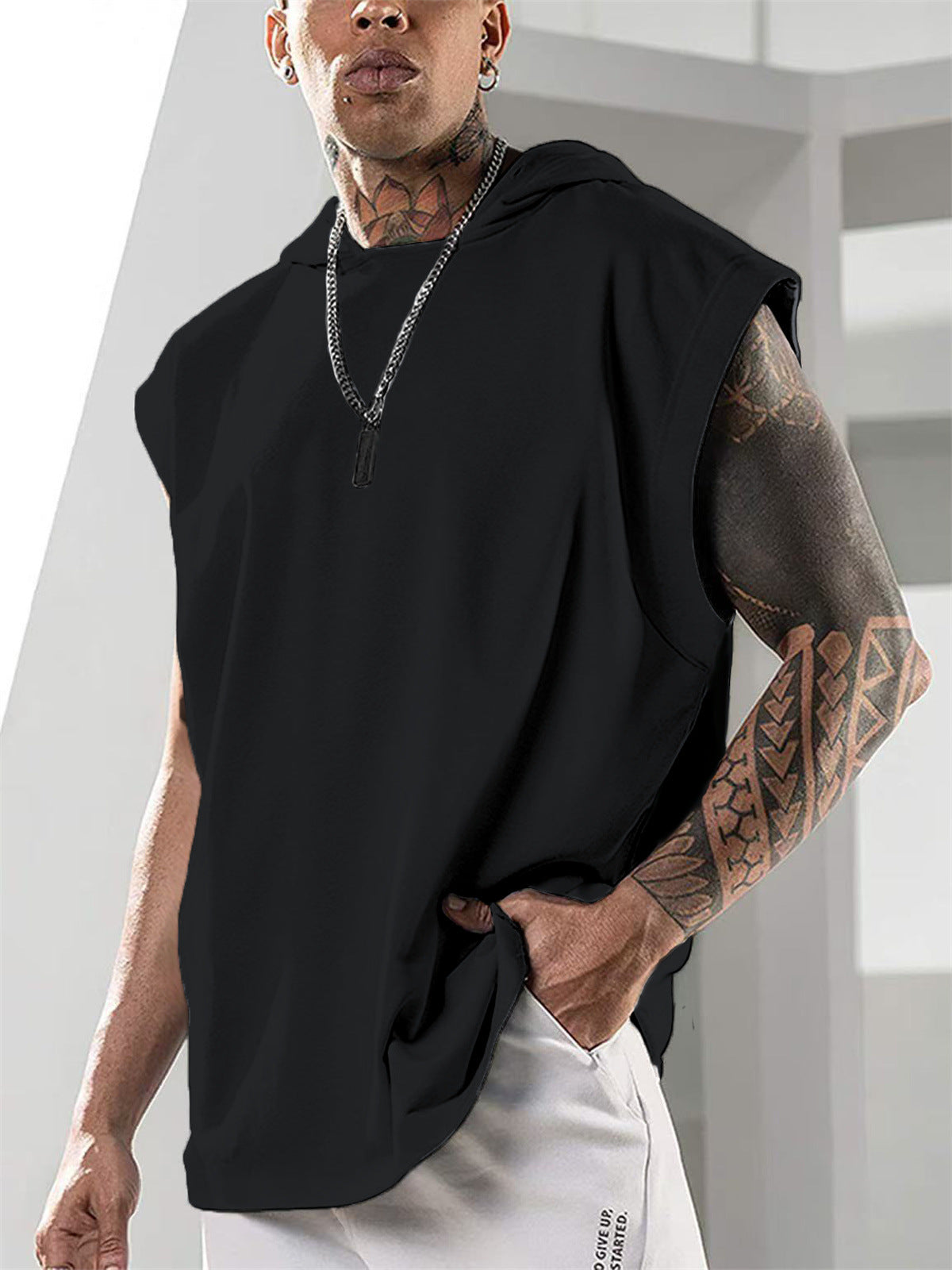 Summer Mens Sleeveless Loose Fitness Hooded Sports Vest Gronata