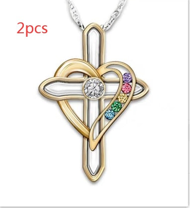 Cross Love Colorful Imitatio Gemstone Pendant Alloy Clavicle Chain Gronata