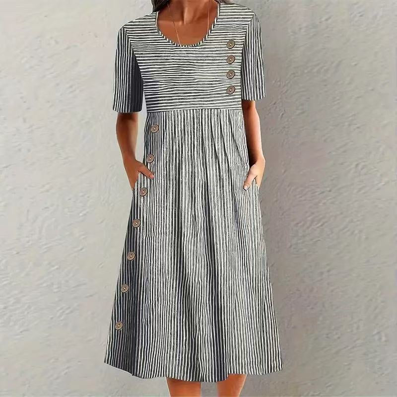 Printed Pocket Button Long Dress Gronata
