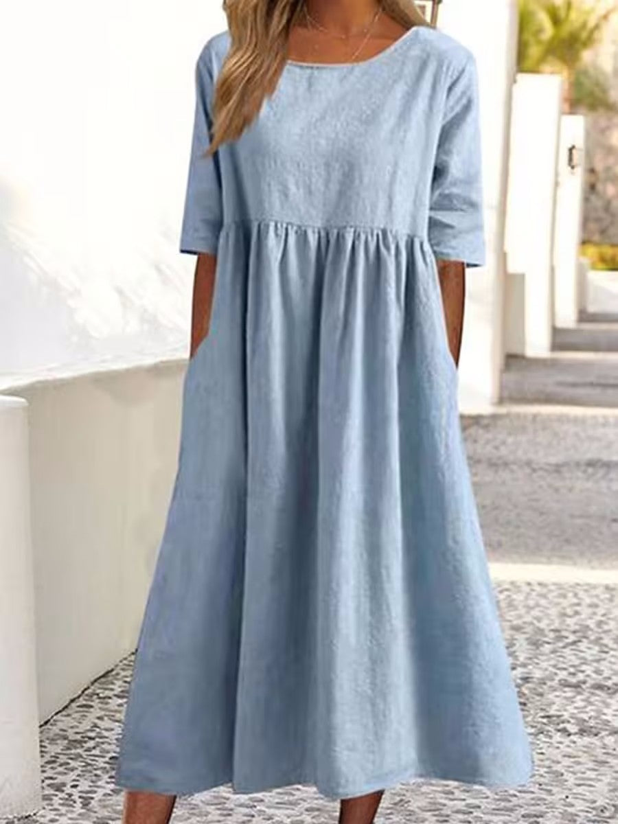Women's Fashion Casual Cotton Linen Short Sleeve Pocket Dress Gronata