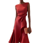 Women's Sleeveless Round Neck Red Temperament Dress Gronata