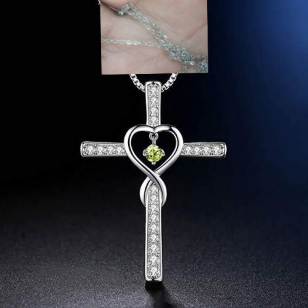 Infinity Love God We Trust Christian Cross Birthstone Crystal Pendant Necklace Colour Gems Zircon Heart Necklace Women Jewelry Gronata