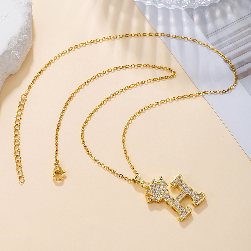 1PCS Fashionable Gold Diamond Crown Uppercase Letter Popular Pendant Necklace Suitable For Daily Use Festivals Parties Gifts Jewelry Set Gronata