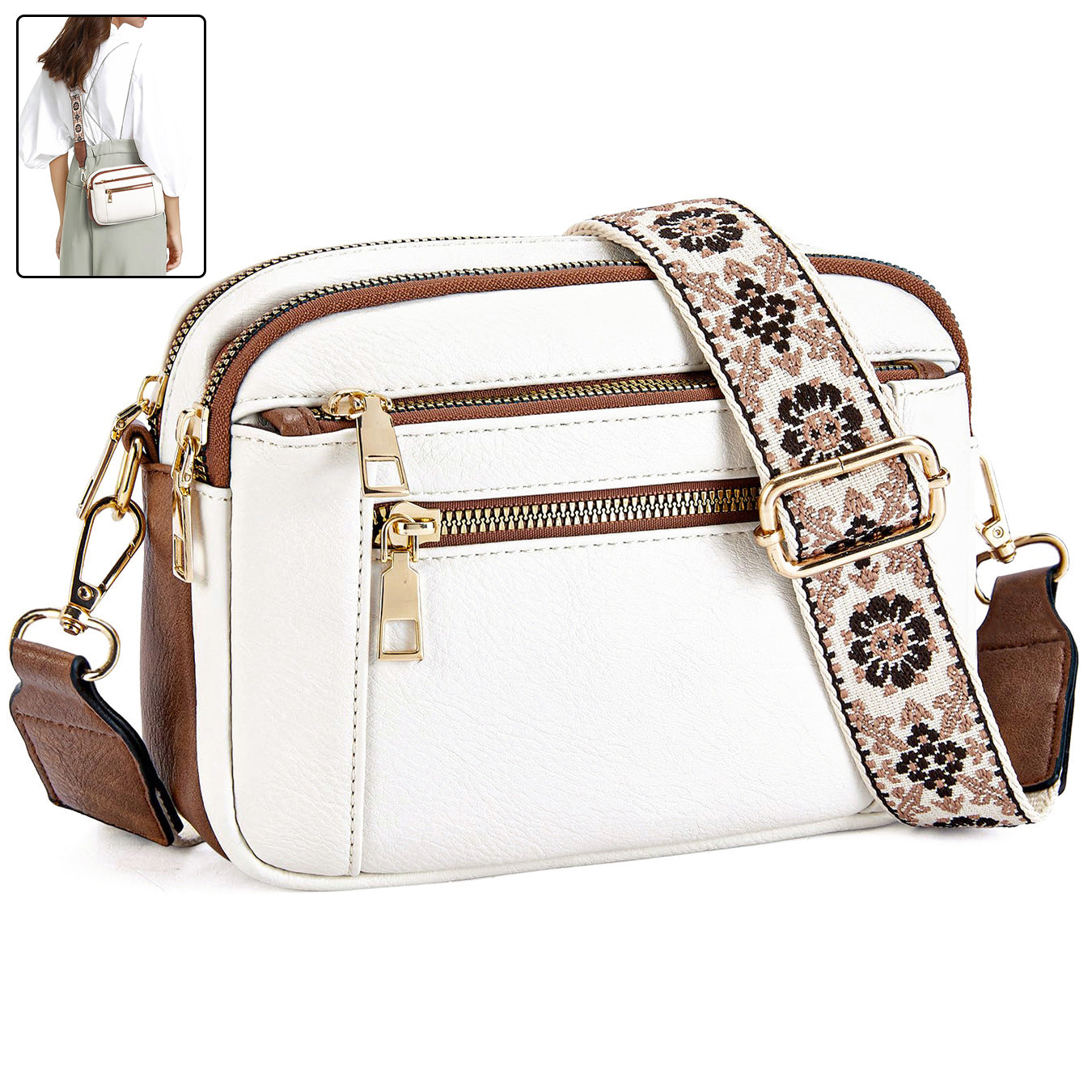 Triple-zipper Shoulder Bag With Floral Embroidered Straps Fashion Colorblock Multi-functional Crossbody Bags For Women Gronata
