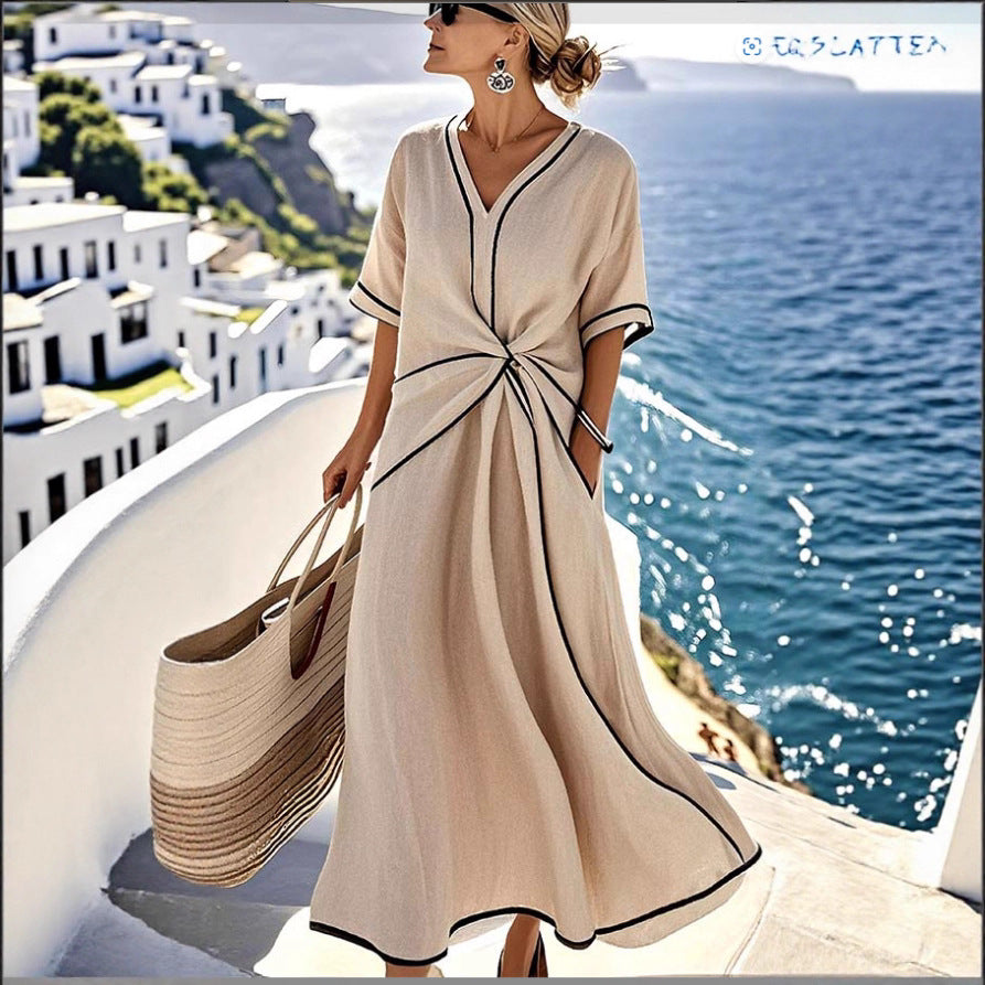 Summer Striped Print Dress Casual Beach Vacation Short-sleeved Maxi Dress Womens Clothing Gronata