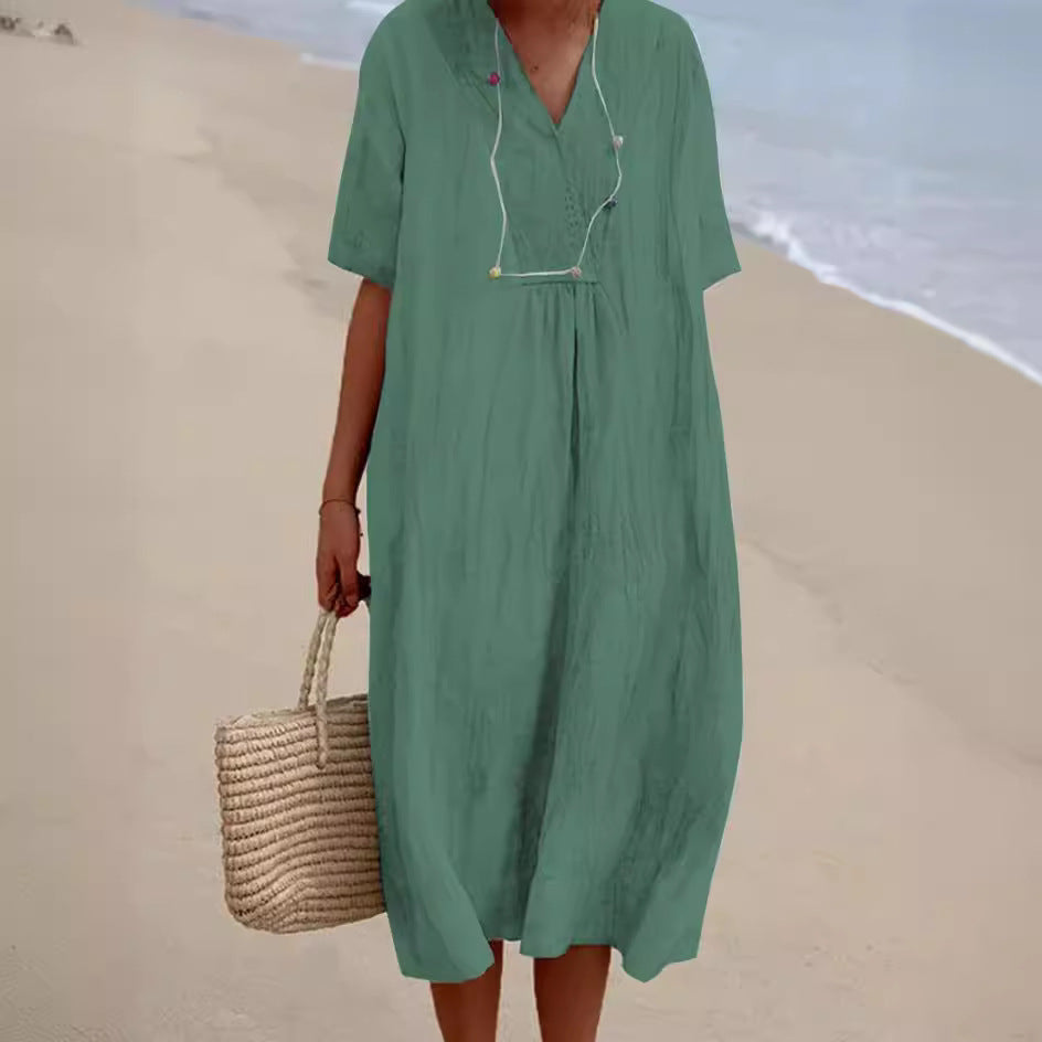 Women's Cotton And Linen Solid Color And V-neck Fashion Style Dress Gronata