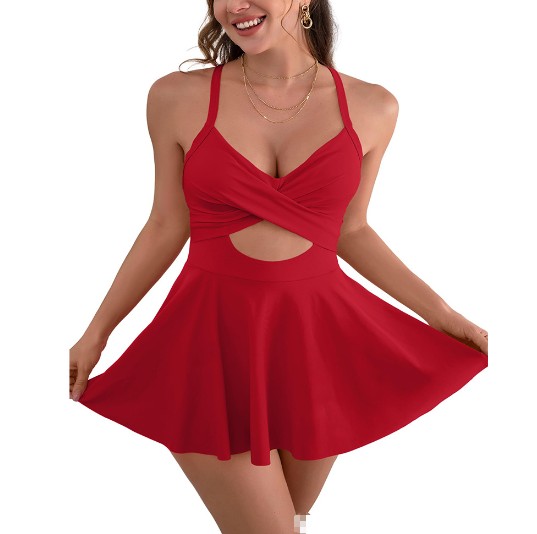 Cutout Sling Bikini Chest Pad Skirt One-piece Swimsuit Gronata