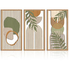 IARTTOP Large Boho Mid-century Modern Wood Wall Art 16x32 Inch Framed Green Abstract Leaf Wooden Wall Decor Bohemian Minimalist Geometric Wall Art Decor for Bedroom Living Room Office Set of 3 Gronata