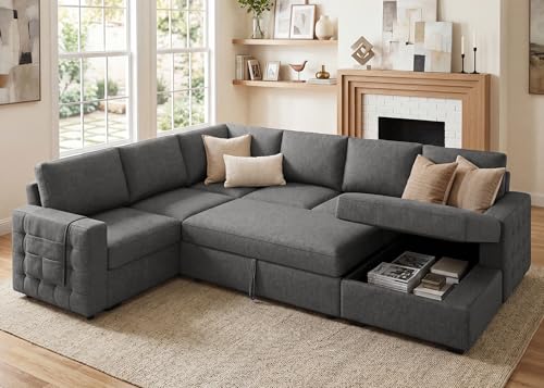 HONBAY Sectional Sleeper Sofa with Pull Out Bed U-Shape Sectional Couch Sleeper Bed with Storage Chaise 6 Seater Sleeper Sectional Sofa, Light Grey Gronata