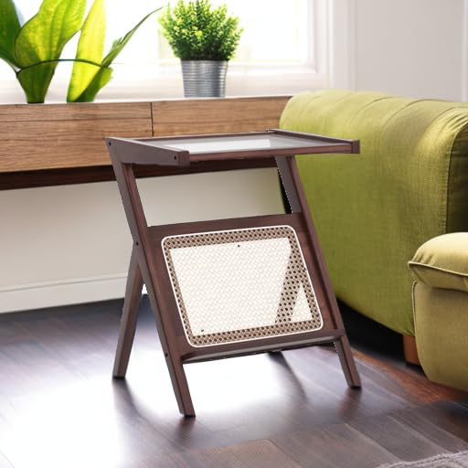 Tiita Rattan Coffee Table, Bamboo Accent Bedside Tables, Glass Nightstand Side Table, Boho Wooden End Table with Storage for Living Room,Living Room, Dining Room, Tea, Home Décor Gronata