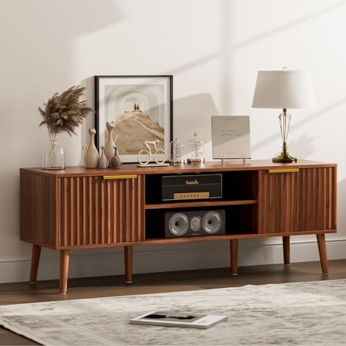 LCRBOL TV Stand for Living Room, Mid Century Modern Entertainment Center for 55/60 inch TVs, TV Console with Fluted Door Cabinets and Open Shelves, for Bedroom, Walnut Gronata