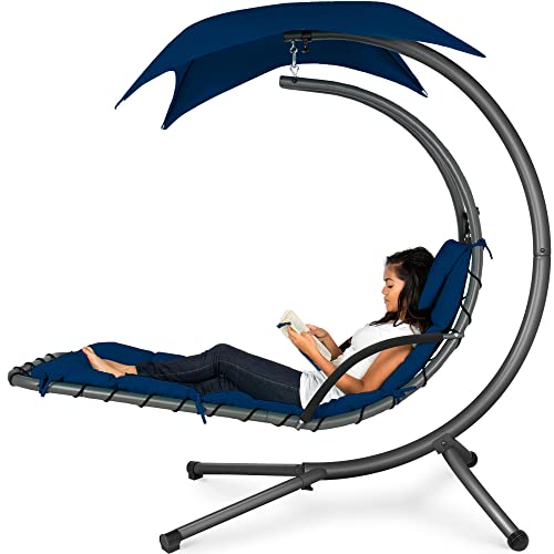 Best Choice Products Outdoor Hanging Curved Steel Chaise Lounge Chair Swing w/Built-in Pillow and Removable Canopy - Navy Blue Gronata