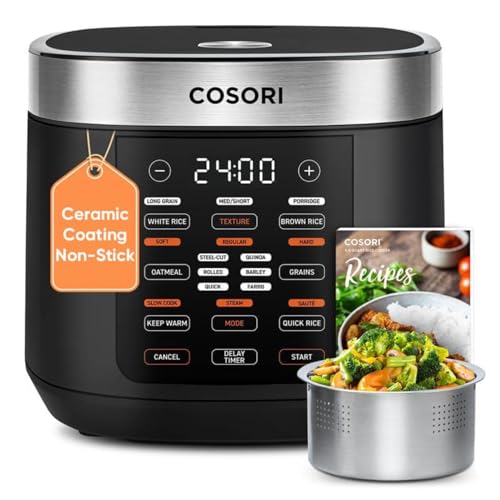 Cosori Rice Cooker 10 Cup, 24h Keep Warm, Non-stick Ceramic Inner Pot, 18 Functions Fuzzy Logic Rice Maker with Stainless Steel Steamer Basket, Sauté, Slow Cooker, Black Gronata