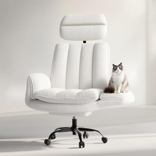 HOMRELEXA Criss Cross Office Chair with Armrests & Wheels, Comfy Velvet Vanity Chair, Ergonomic Executive Gaming Computer Chairs with Foot Rest, Wide Seat Reclining Desk Chair, White Gronata