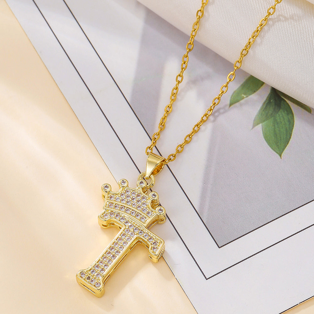 1PCS Fashionable Gold Diamond Crown Uppercase Letter Popular Pendant Necklace Suitable For Daily Use Festivals Parties Gifts Jewelry Set Gronata