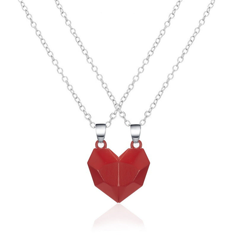 Attractive Wishing Stone Couple Pendant Necklace Ancient Love Token Heart-shaped Electrocardiogram Magnetic Heart Pendant Splicing Necklace Valentine's Day Gift Gronata