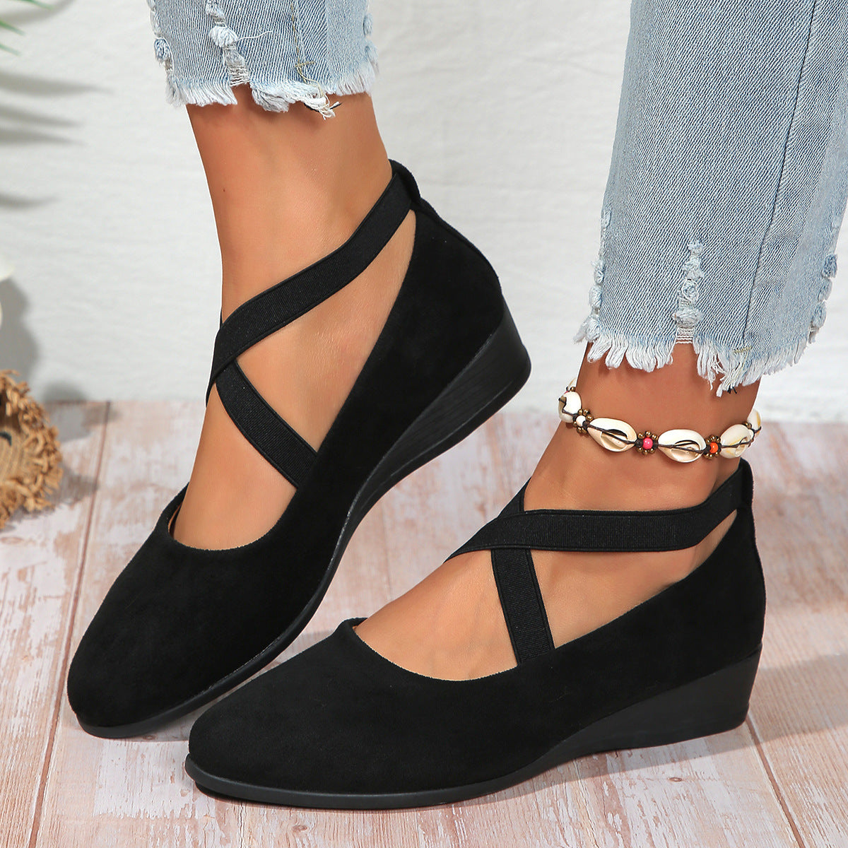 Women's Pointed Toe Wedges Shoes Fashion Cross-straped Flats Casual Pumps Gronata