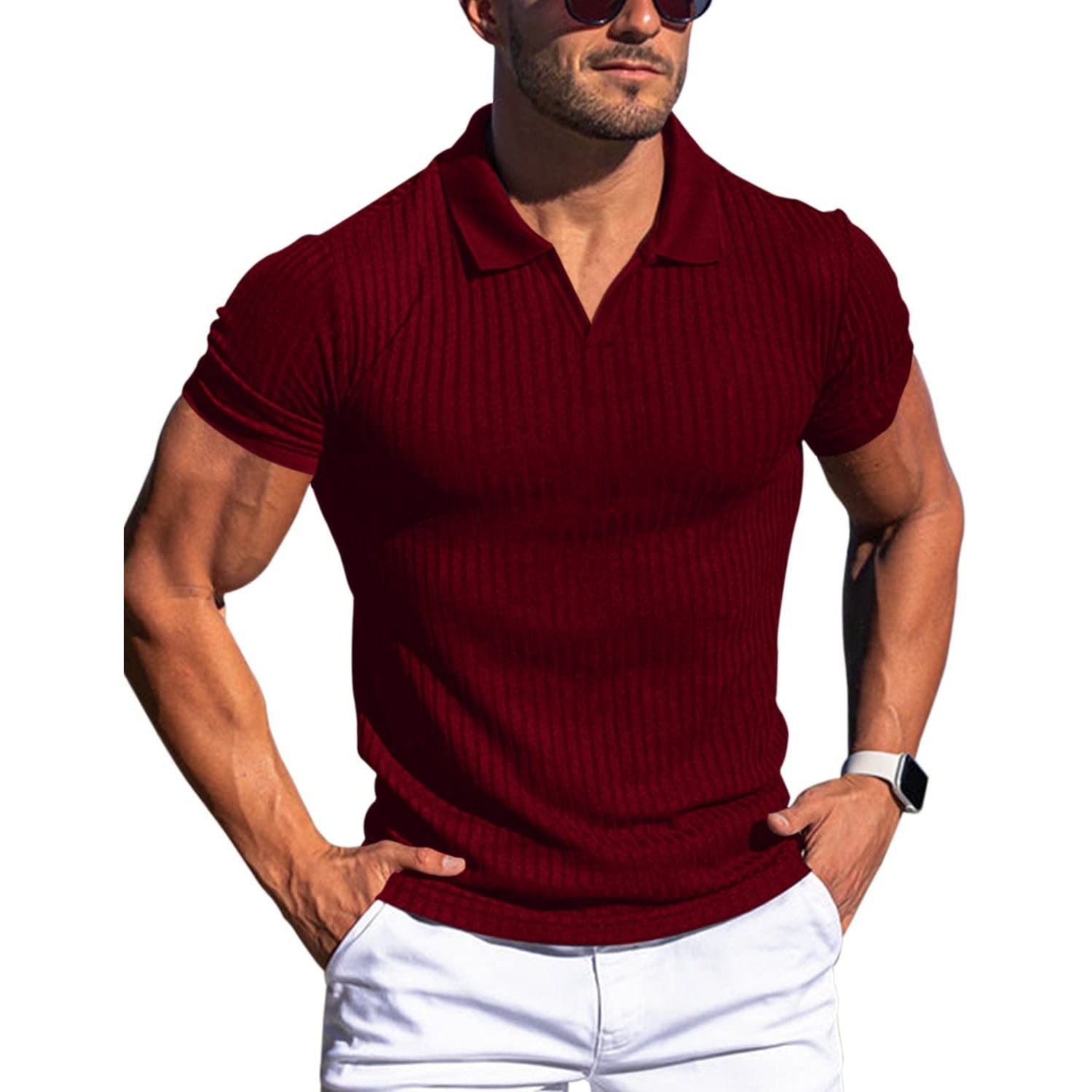 Polo Shirt Lapel V-neck Vertical Striped Short Sleeve Men's T-shirt Gronata