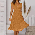 Printed V-Neck Short-Sleeved Lace-Up Dress Gronata