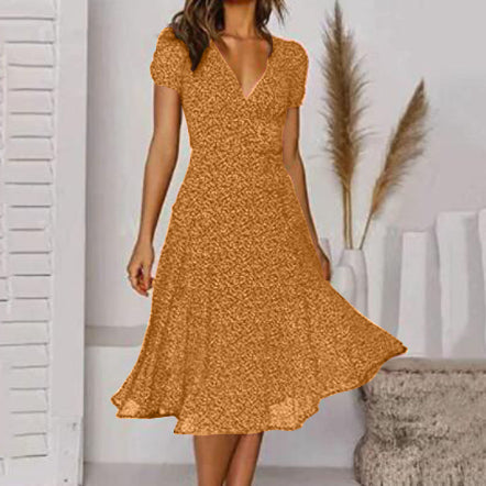 Printed V-Neck Short-Sleeved Lace-Up Dress Gronata
