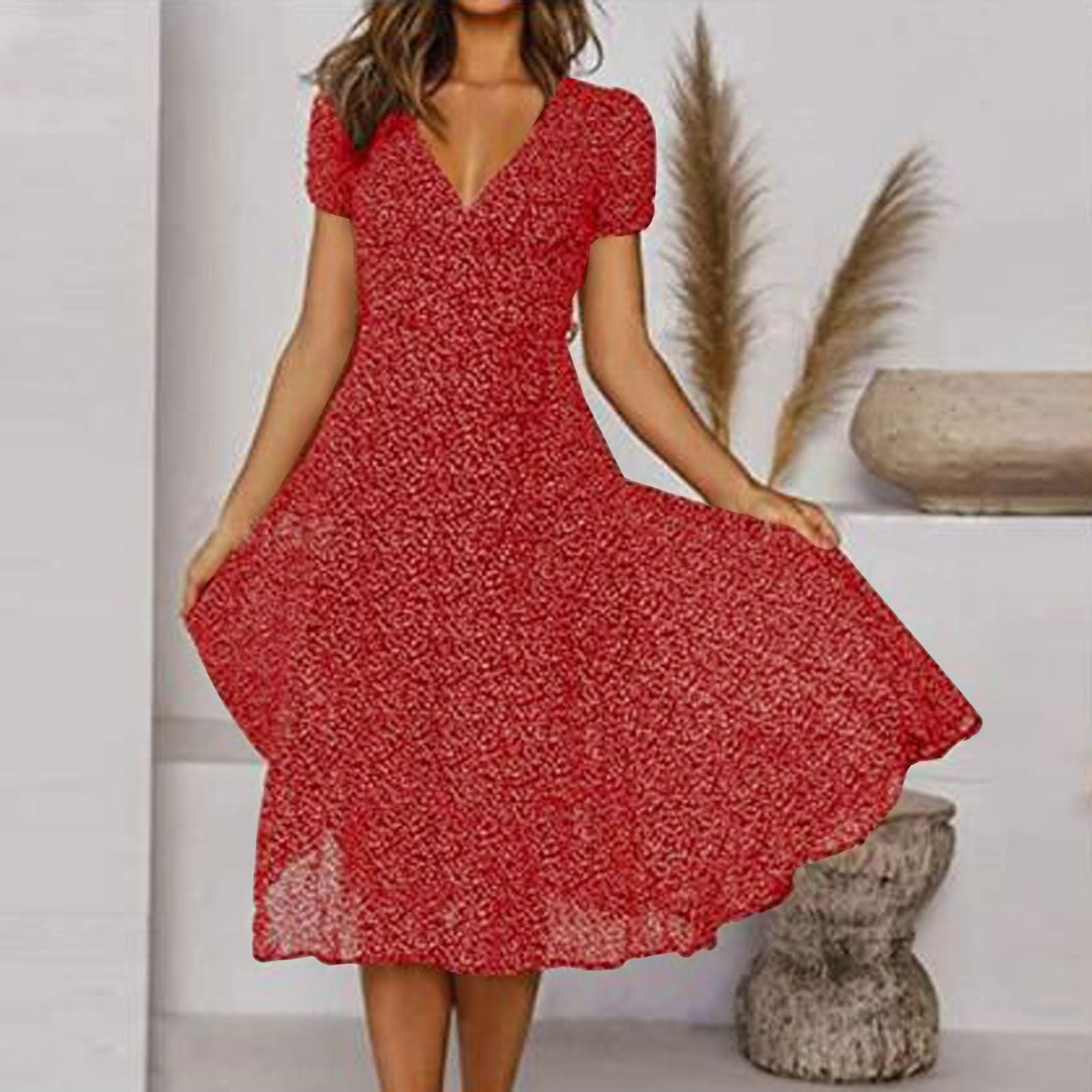 Printed V-Neck Short-Sleeved Lace-Up Dress Gronata