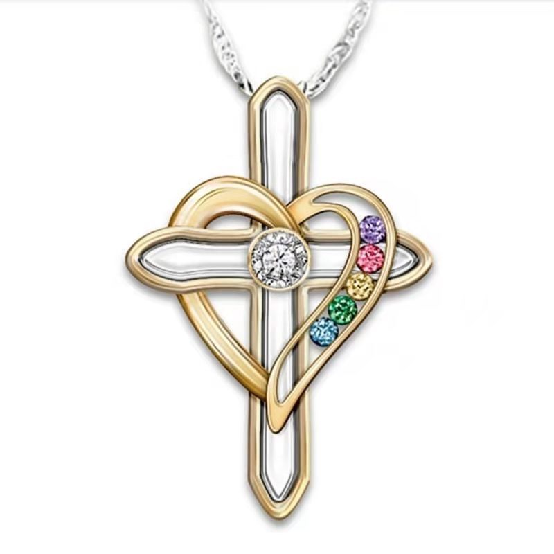 Cross Love Colorful Imitatio Gemstone Pendant Alloy Clavicle Chain Gronata