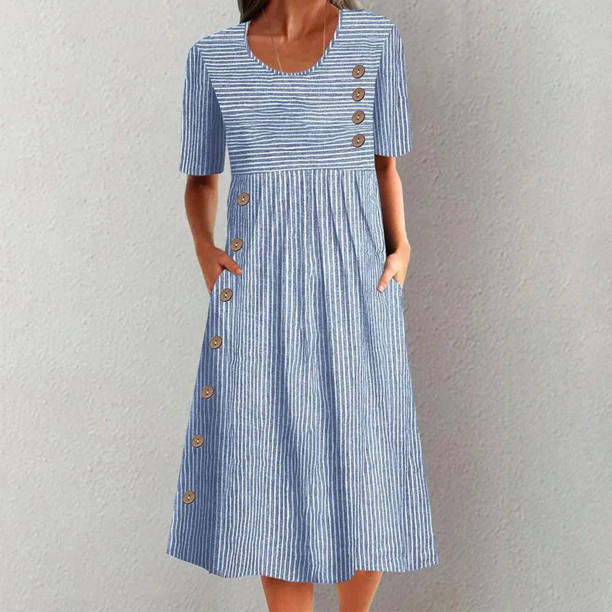 Printed Pocket Button Long Dress Gronata