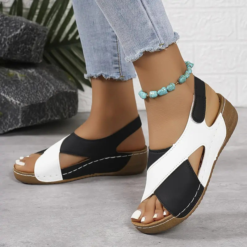 Colorblock-crossed  Wedges Sandals Summer Fashion Fish Mouth Platform Roman Shoes For Women Gronata