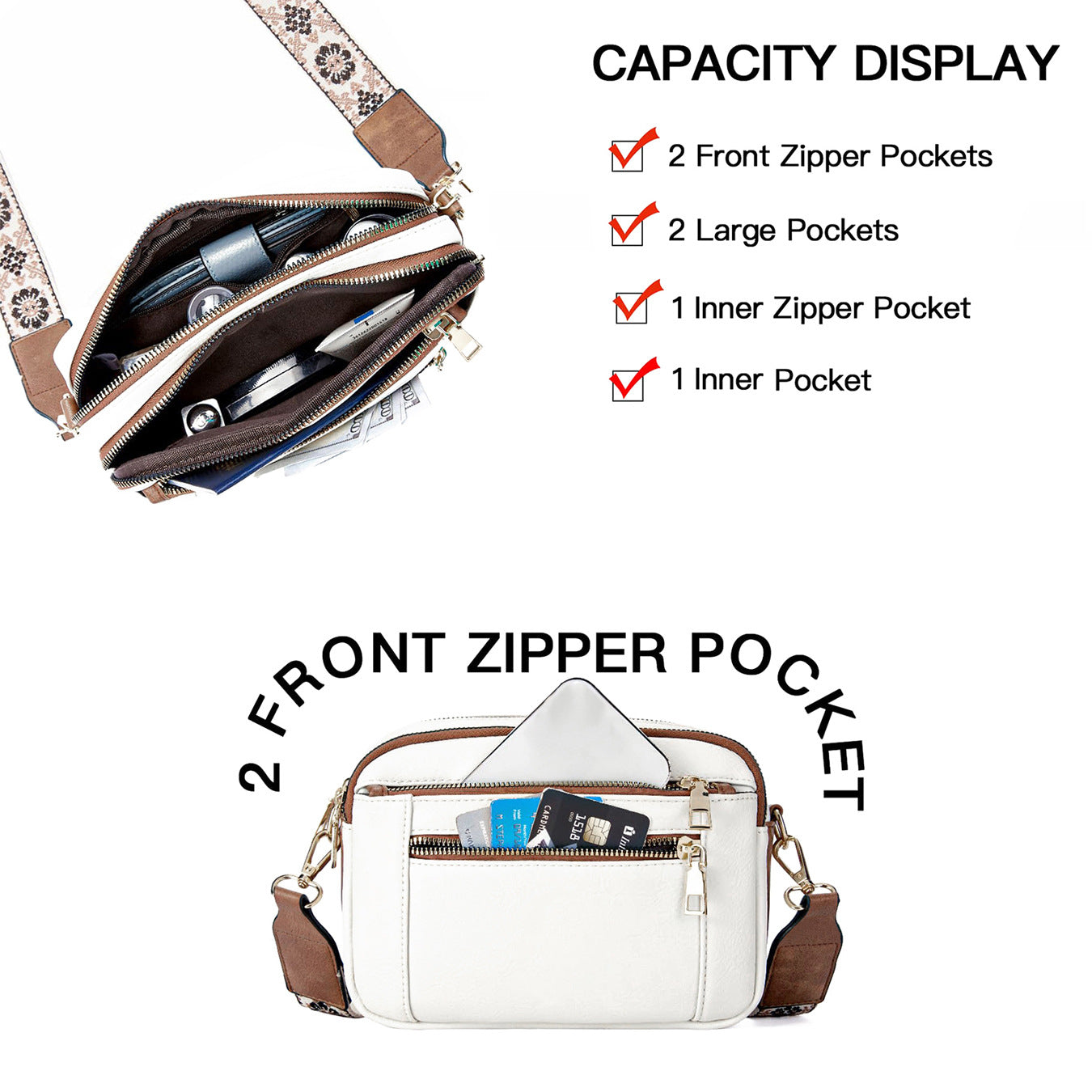 Triple-zipper Shoulder Bag With Floral Embroidered Straps Fashion Colorblock Multi-functional Crossbody Bags For Women Gronata