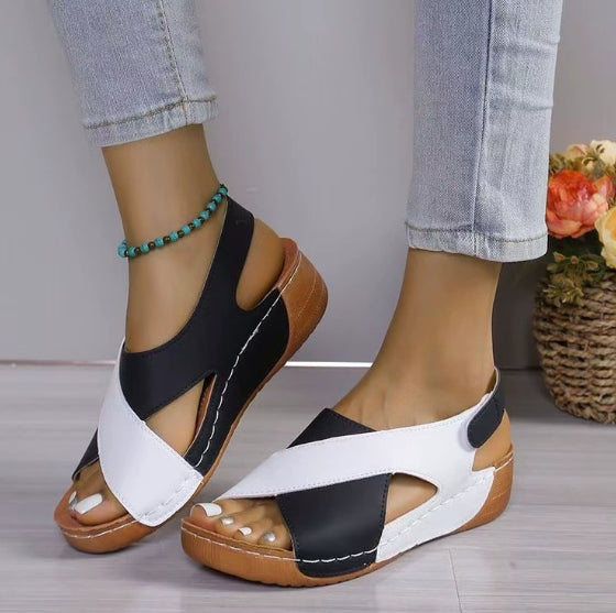 Colorblock-crossed  Wedges Sandals Summer Fashion Fish Mouth Platform Roman Shoes For Women Gronata