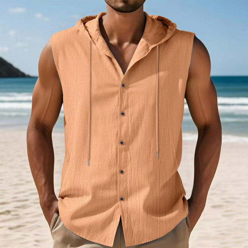 Mens Sleeveless Linen Hooded Shirt Gronata