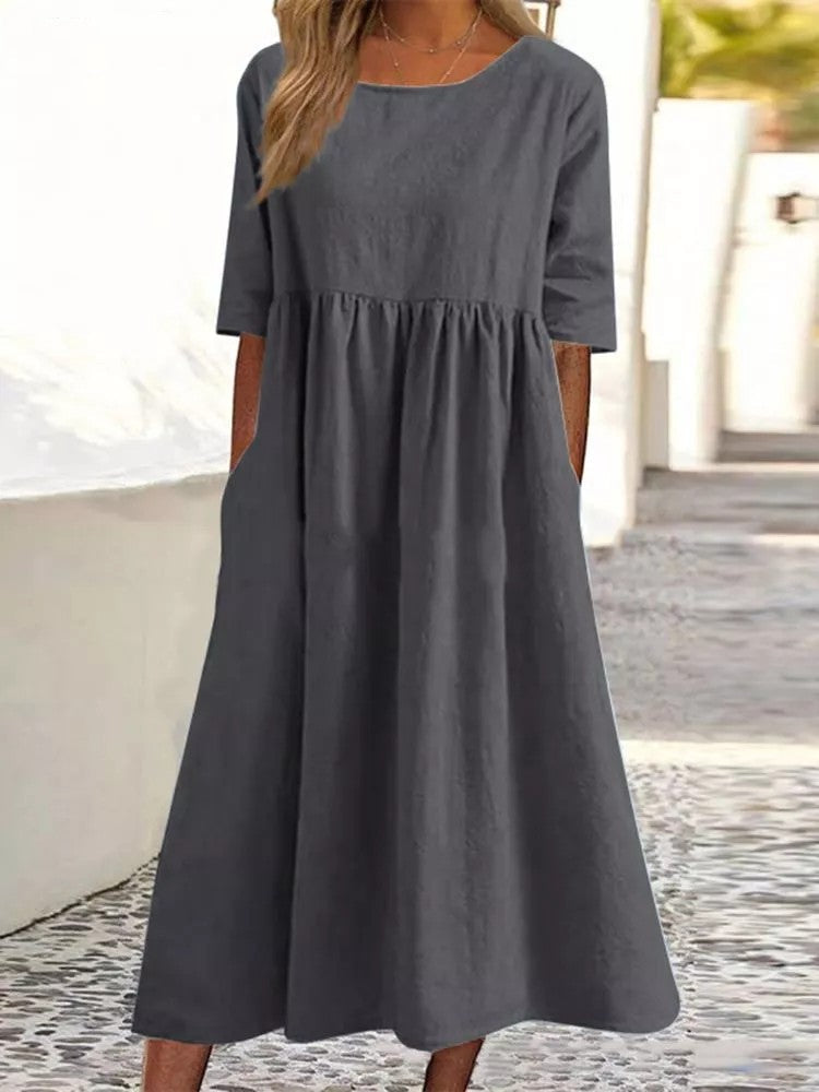 Women's Fashion Casual Cotton Linen Short Sleeve Pocket Dress Gronata
